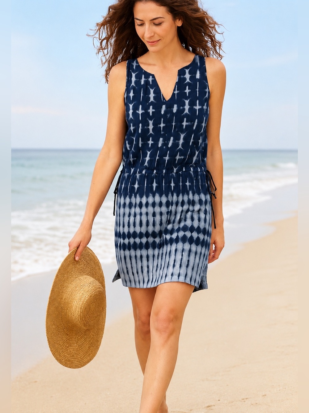 Pure Jill Linen Blend Tie Dye Sleeveless Dress Blue White M